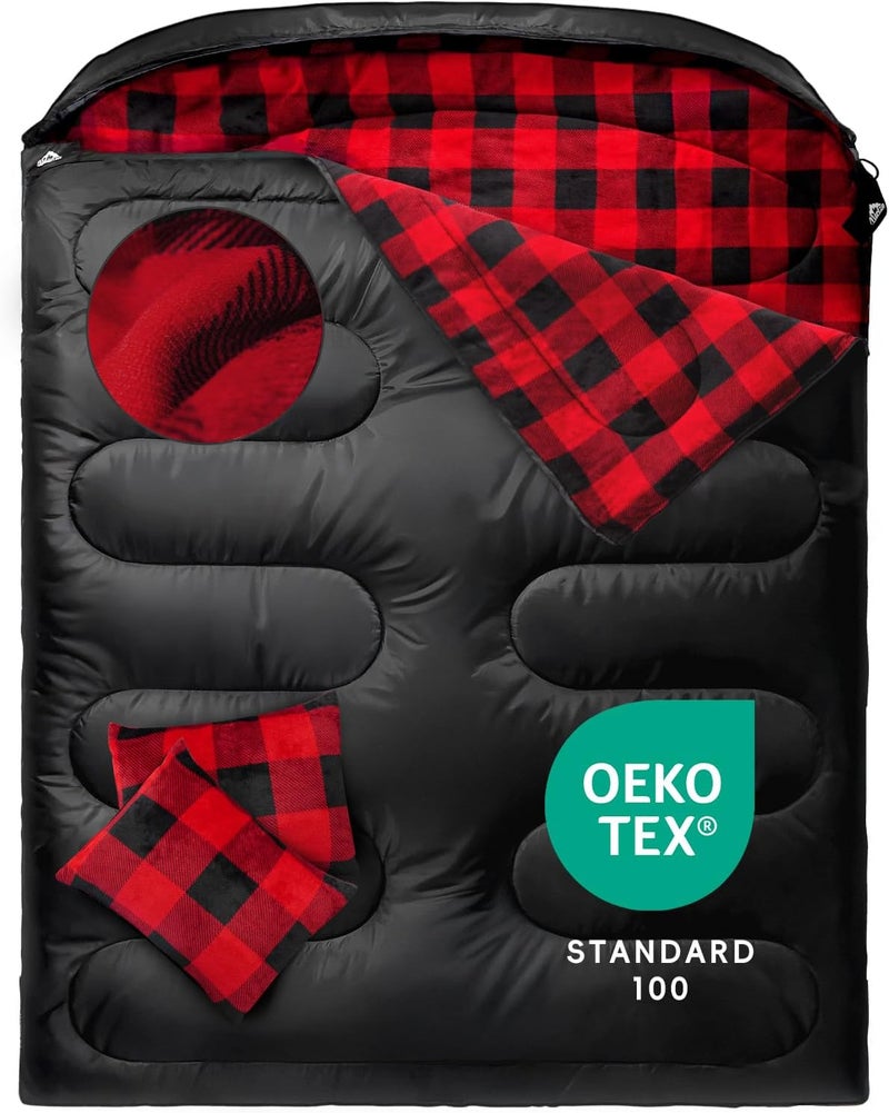 Mereza Flannel Double Sleeping Bag for Adults Cold Weather, XL Queen Size Sleeping Bag for All Season 2 Person Big and Tall Sleeping Bags for Camping 0 Degree with Pillow - Image 1
